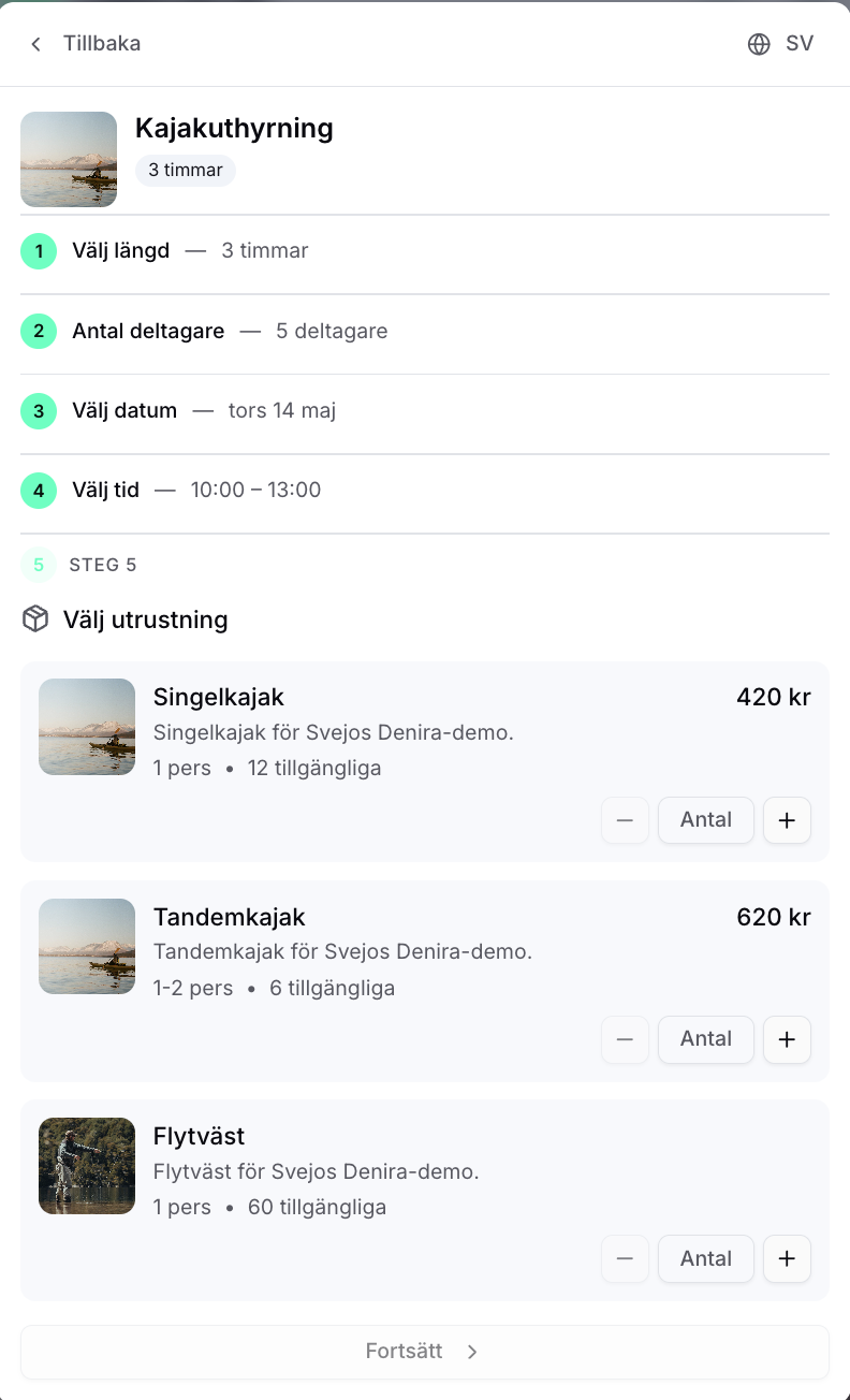 Kajakuthyrning bokningsflöde i mobilen